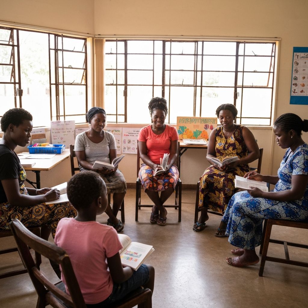 African mothers learning together in a community center